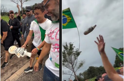 Caminhada pela Liberdade: Nikolas Ferreira chuta boneco de Lula em quarto dia de marcha rumo a Brasília